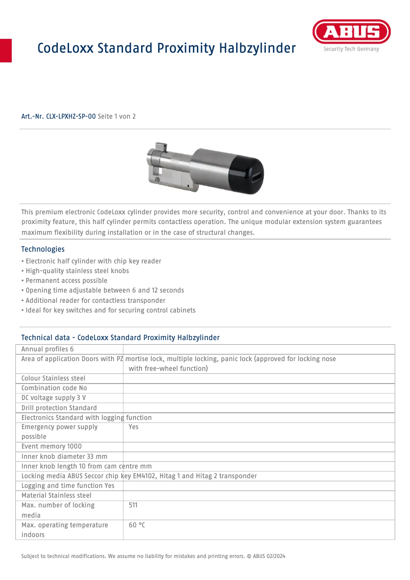 Page 1 de la notice Fiche technique Abus CLX-LPXHZ-SP-00
