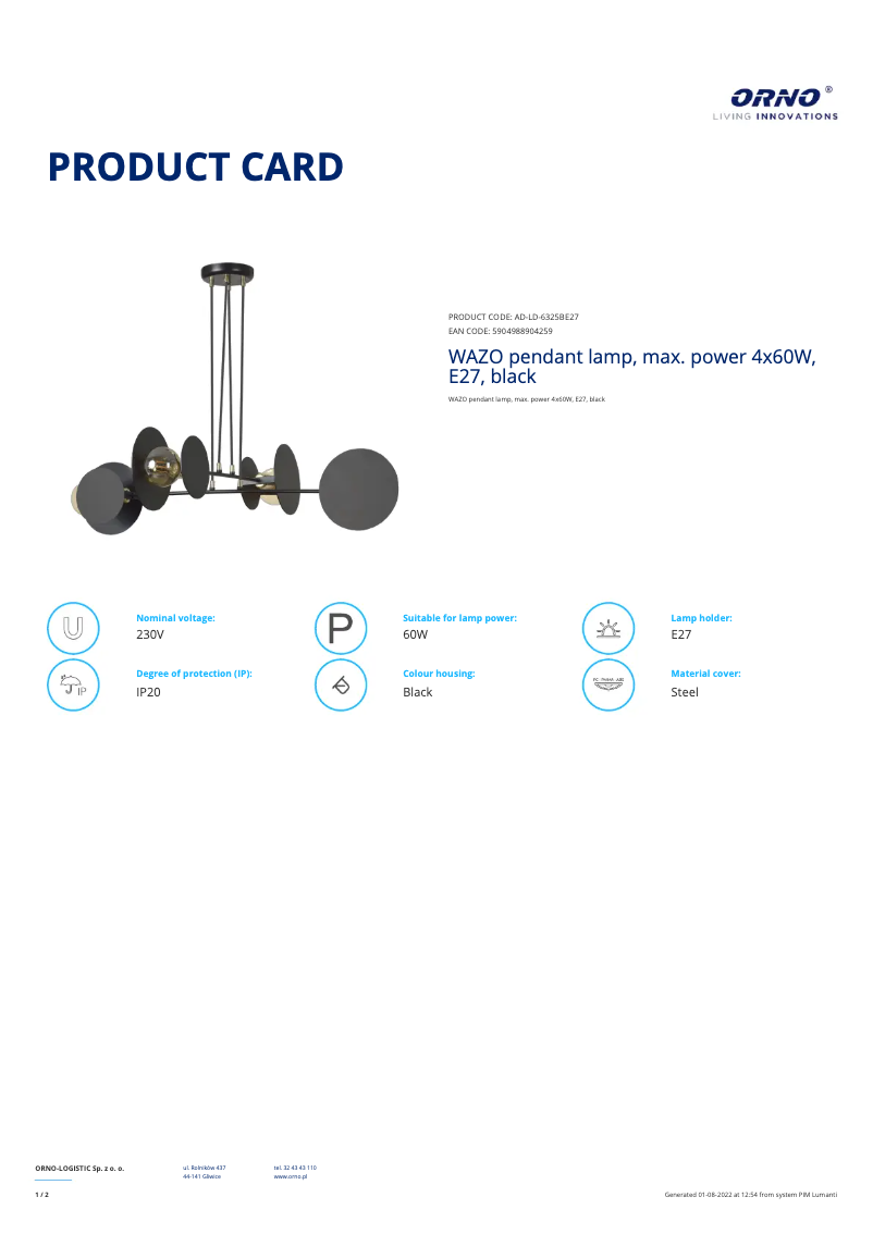 Page 1 of the manual Technical Sheet Adviti AD-LD-6325BE27