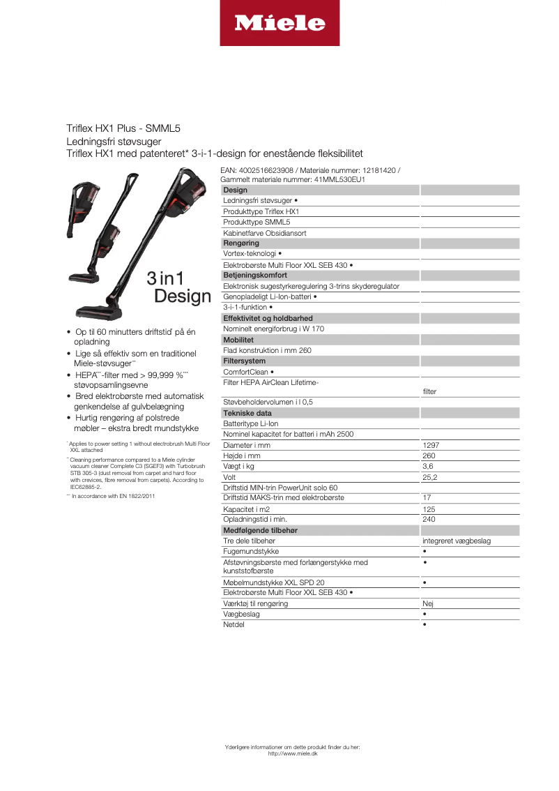 Page 1 de la notice Fiche technique Miele Triflex HX1 Plus