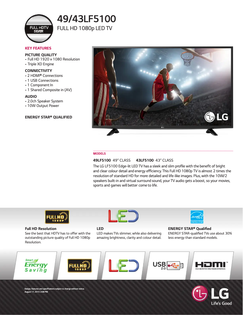 Page 1 de la notice Fiche technique LG 49LF5100