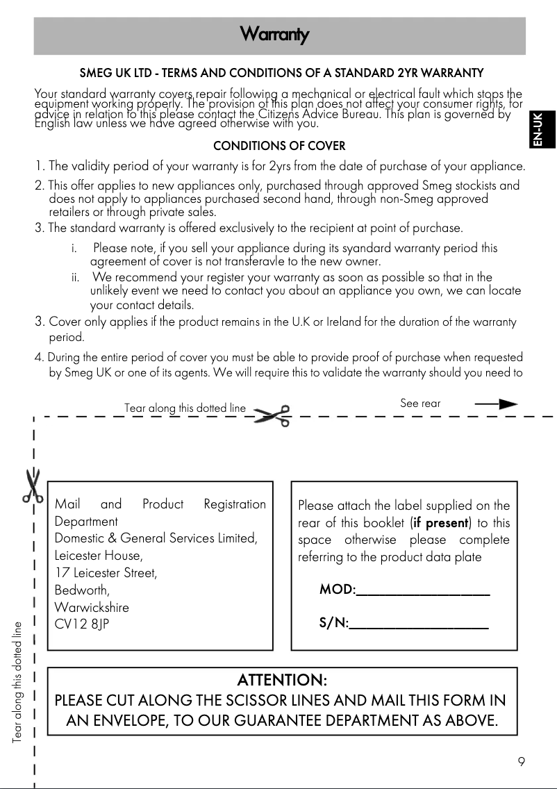 Page 1 de la notice Informations de garantie Smeg SI764POM