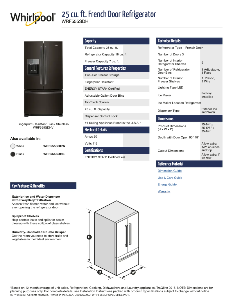 Page 1 de la notice Fiche technique Whirlpool WRF555SDHW