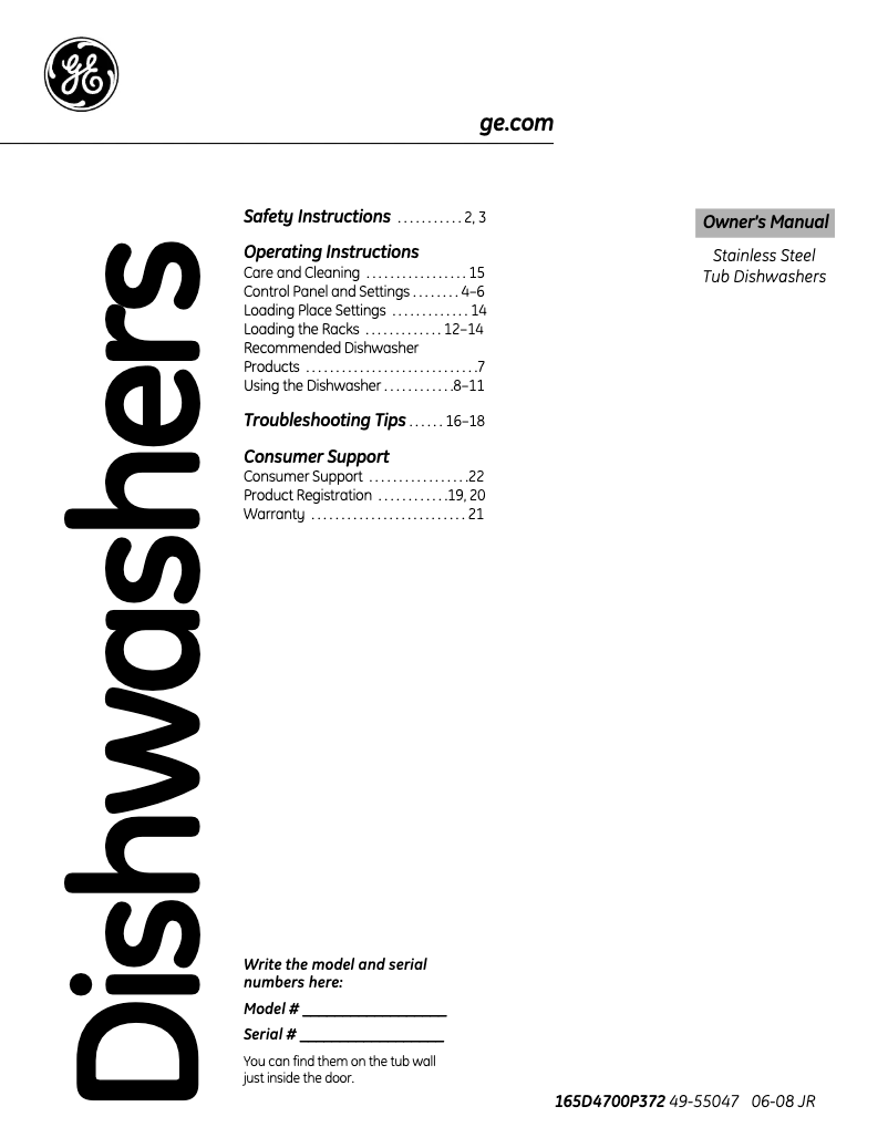 Page n°1 - Manuel d'utilisation et d'entretien GE Profile PDWT200PWW