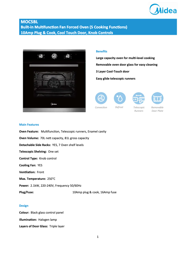 Page 1 de la notice Fiche technique Midea MOC5BL