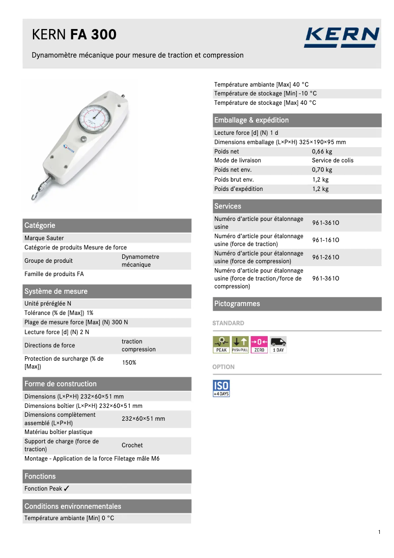 Page 1 de la notice Fiche technique Kern FA 300
