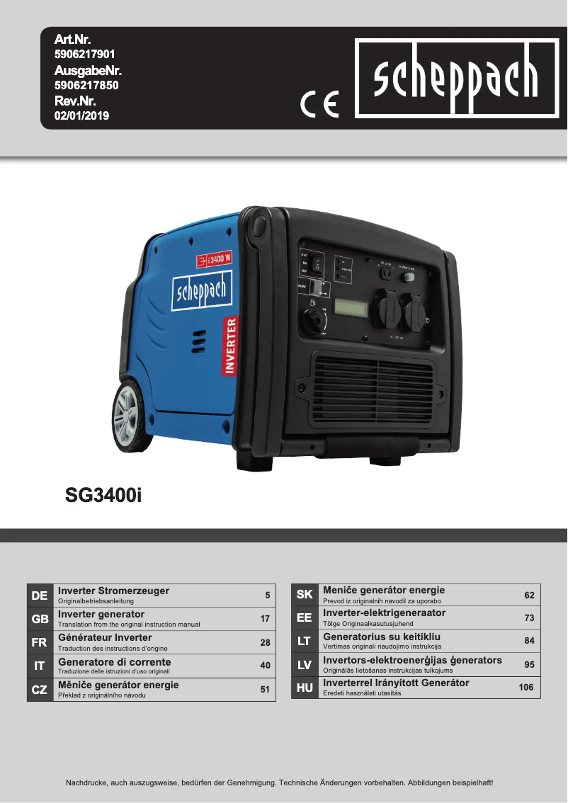 Page 1 de la notice Manuel utilisateur Scheppach SG3400I