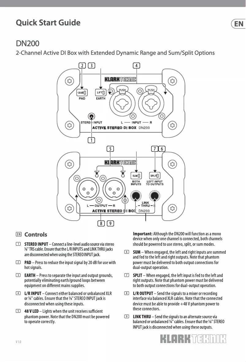 Página 1 del manual Guía de inicio rápido Klark Teknik DN200 V2