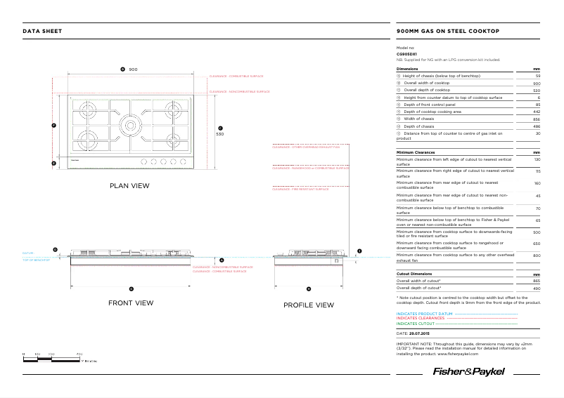 Page 1 de la notice Fiche technique Fisher & Paykel CG905DTGX1