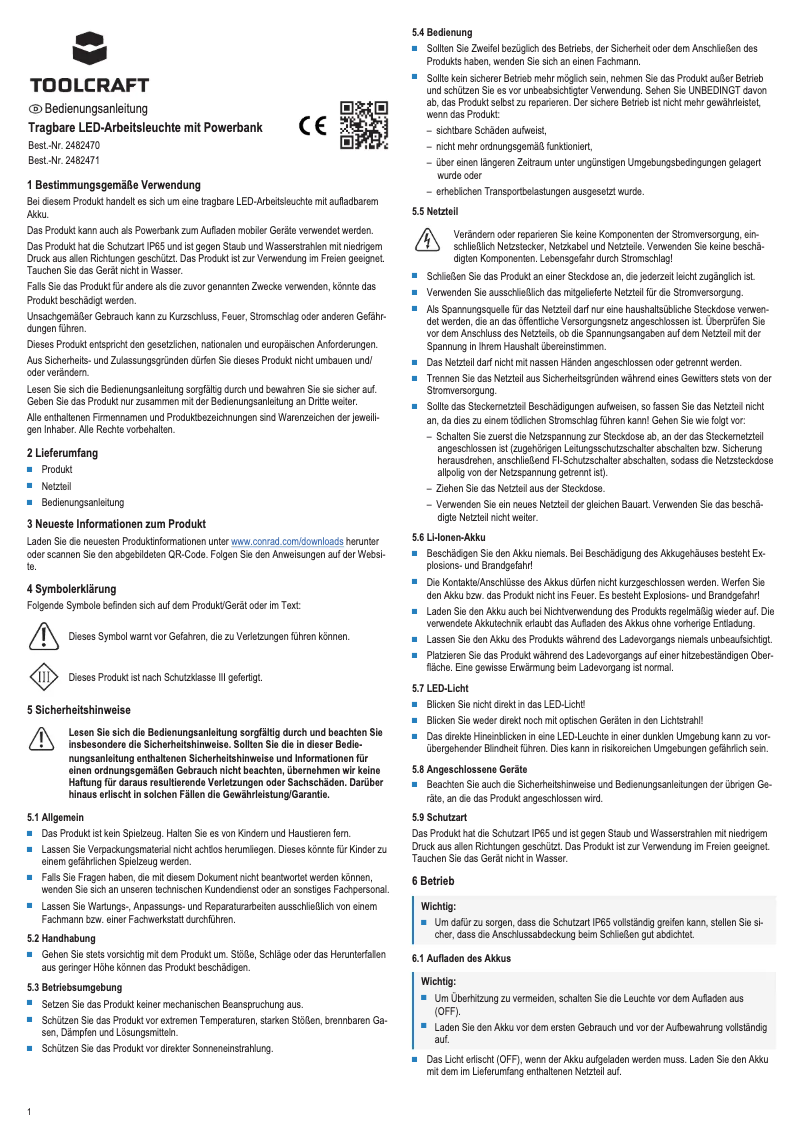 Page 1 de la notice Manuel utilisateur Toolcraft TO-7447410