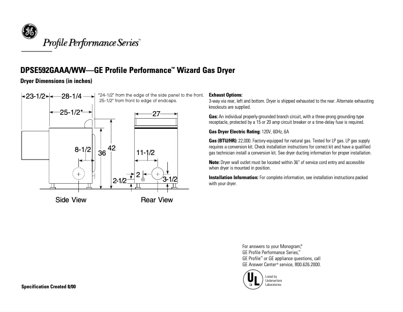 Page 1 of the manual Technical Sheet GE Profile Wizard DPSE592GAWW