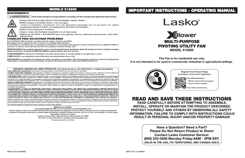 Page 1 of the manual User Manual Lasko X-Blower X12905