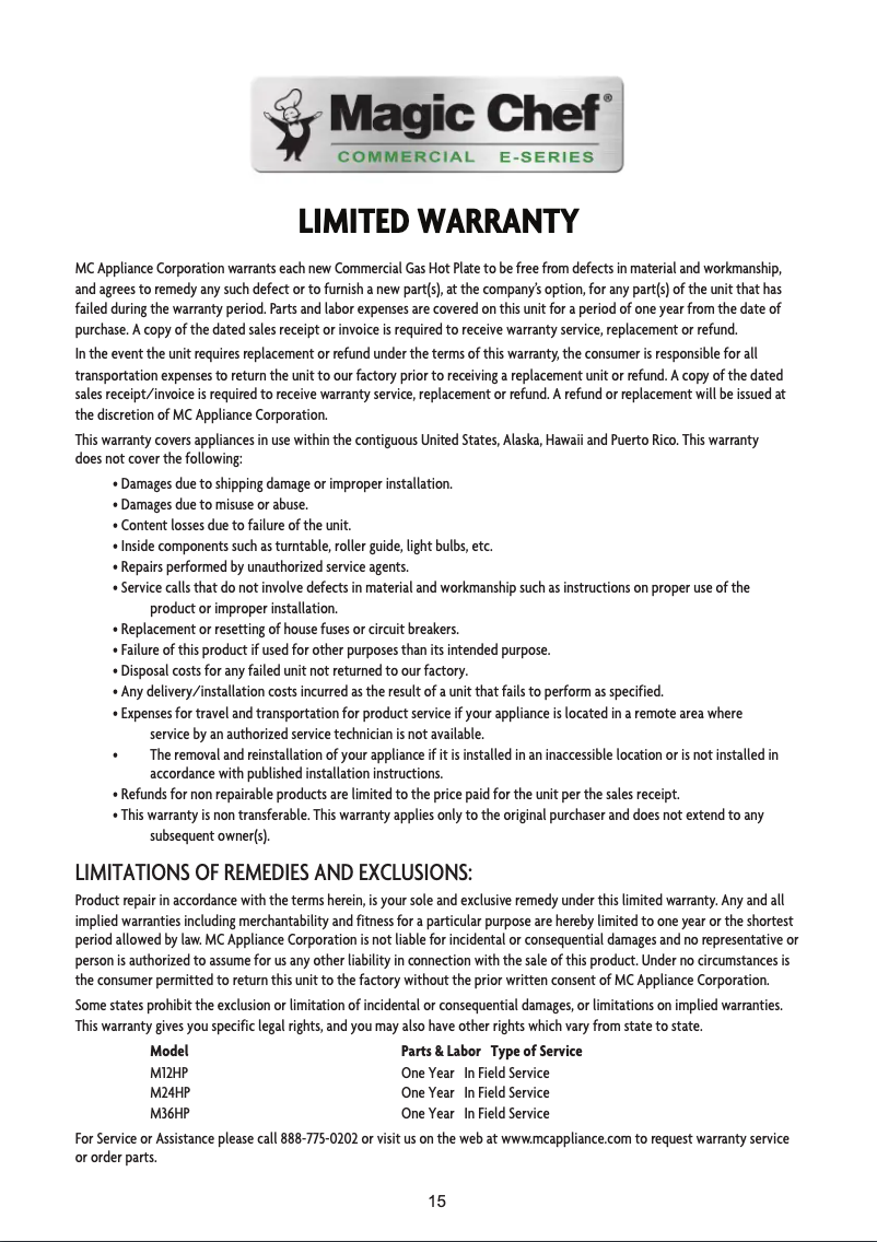 Page 1 of the manual Warranty Information Magic Chef M36HP