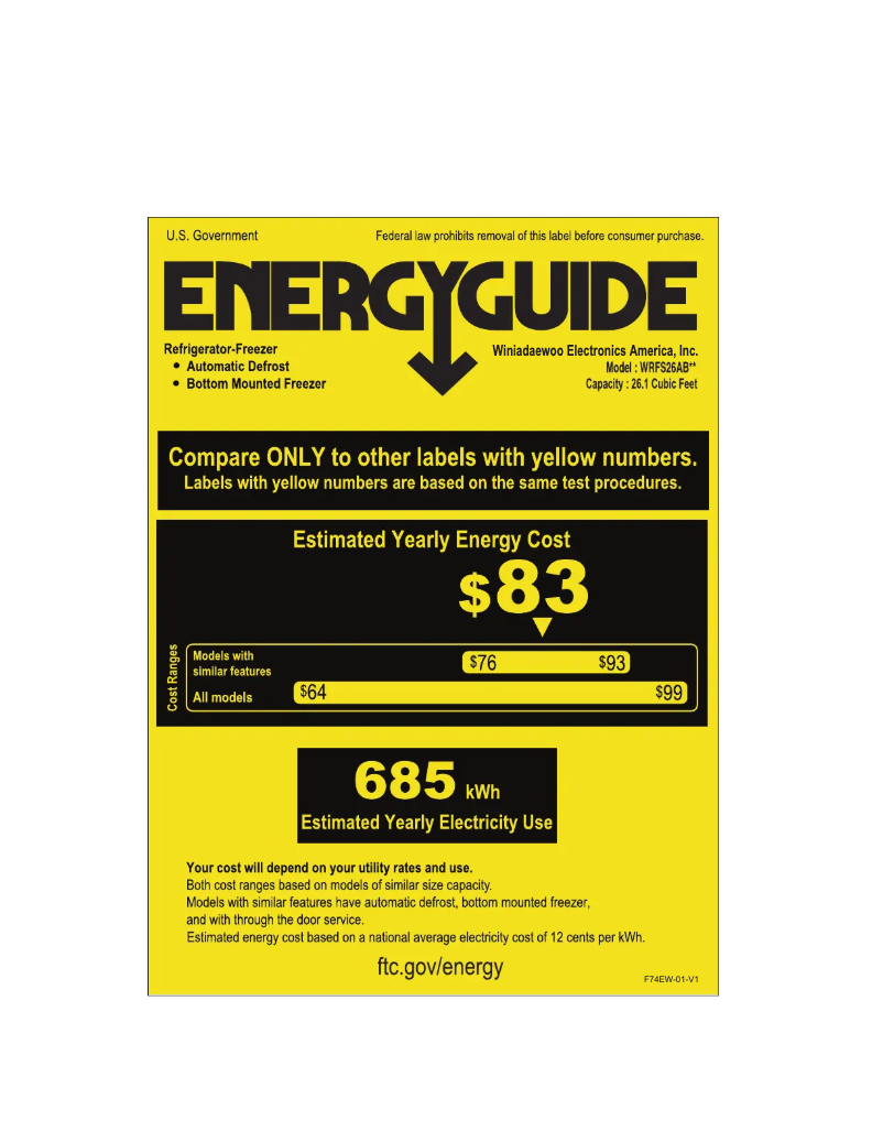 Page 1 de la notice Label énergétique Winia WRFS26ABBD