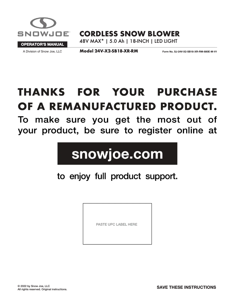 Page 1 de la notice Manuel utilisateur Snow Joe 24V-X2-SB18-XR-RM