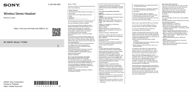 Page n°1 - Manuel utilisateur Sony WI-OE600