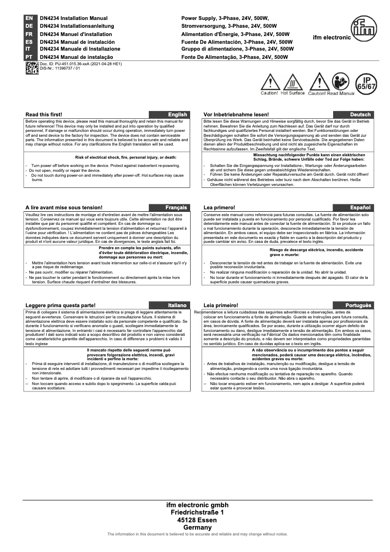 Page 1 de la notice Manuel utilisateur IFM DN4234