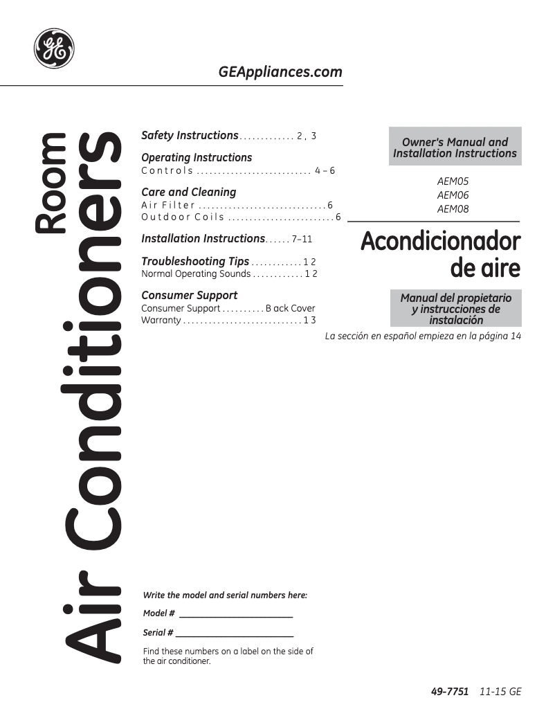 Page 1 de la notice Manuel d'utilisation et d'entretien GE AEM05LV