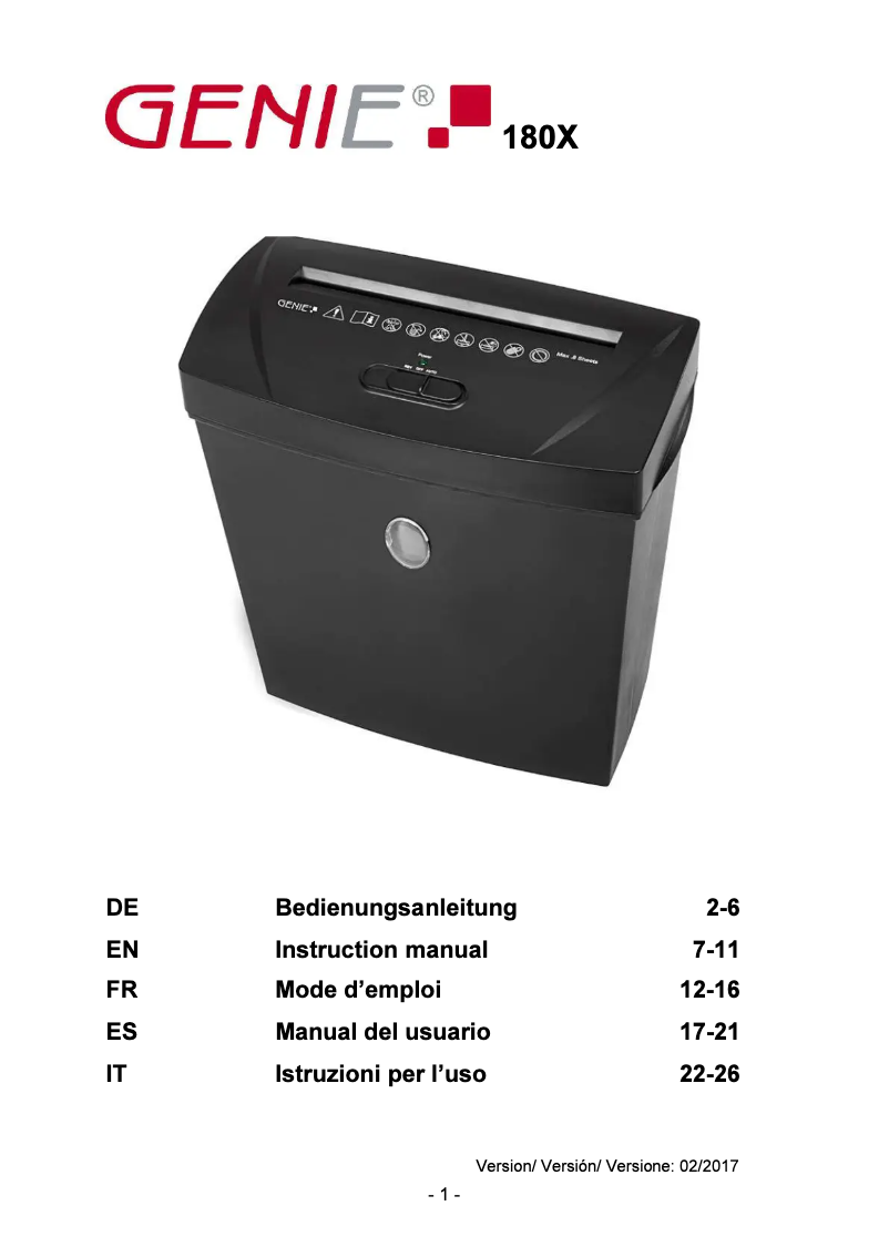 Page 1 de la notice Manuel utilisateur Genie 180X