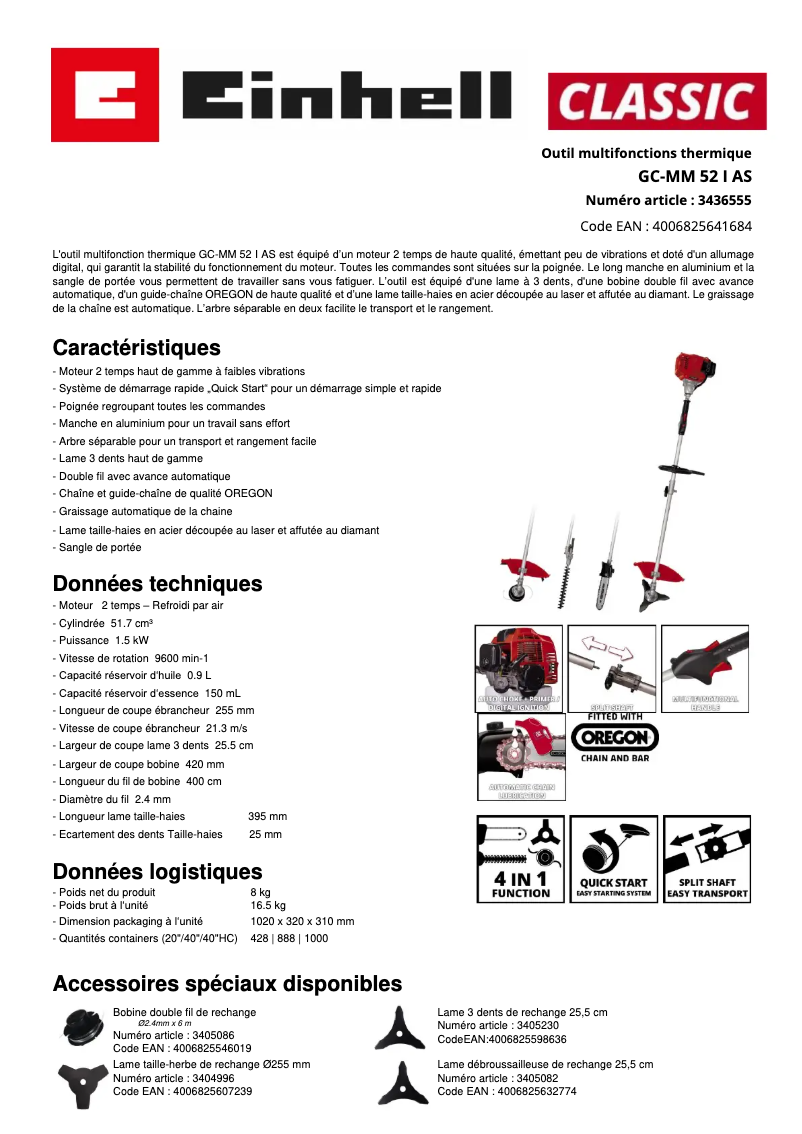 Page 1 de la notice Fiche technique Einhell GC-MM 52 I AS