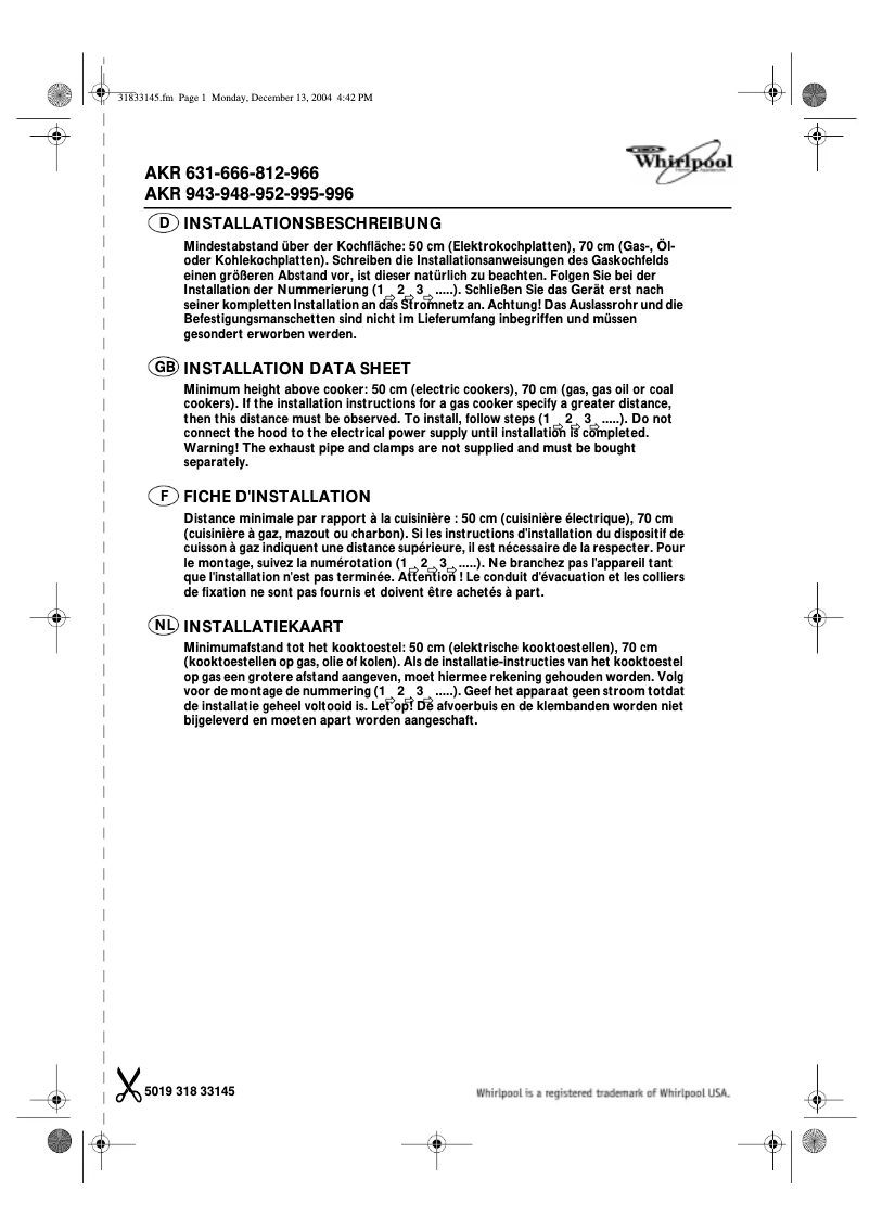 Page 1 de la notice Manuel utilisateur Whirlpool AKR 996