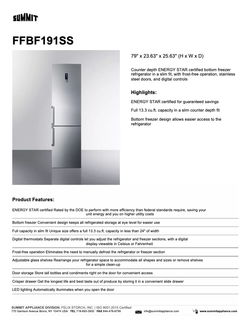 Page 1 de la notice Fiche technique Summit FFBF191SSLHD