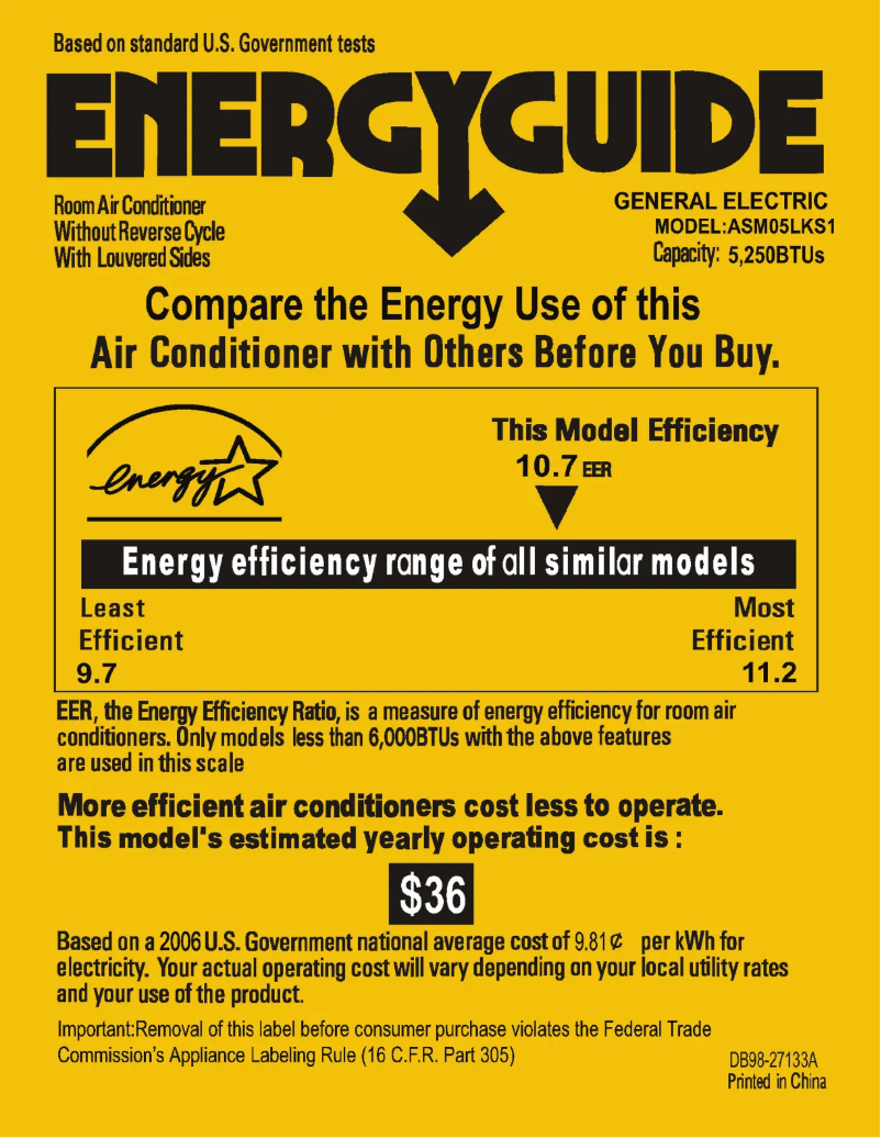 Página 1 del manual Etiqueta energética GE ASM05LK