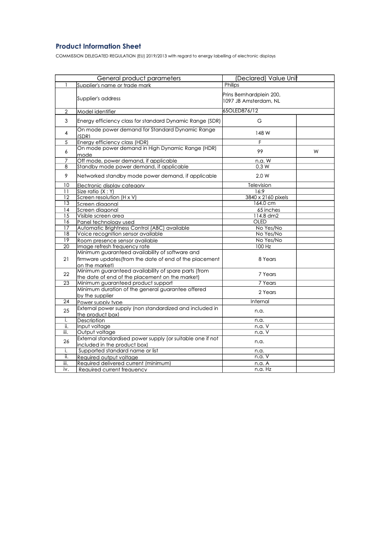 Page n°1 - Fiche technique Philips 65OLED876
