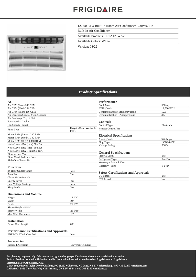Página 1 del manual Ficha técnica Frigidaire FFTA123WA2