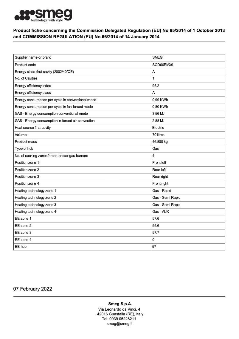 Page 1 de la notice Fiche technique Smeg SCD60EMX9