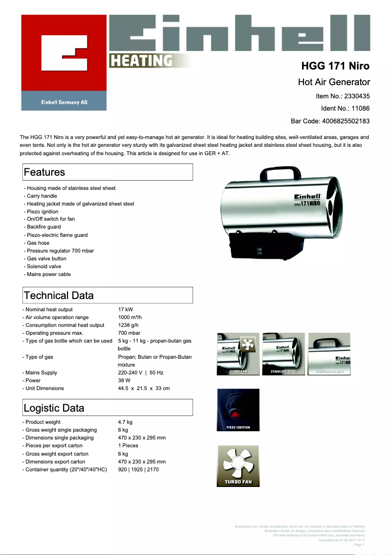 Page 1 de la notice Fiche technique Einhell HGG 171 Niro