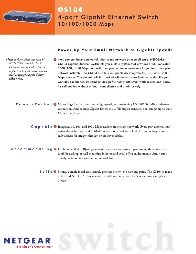 Page 1 of the manual Technical Sheet Netgear ProSafe GS104