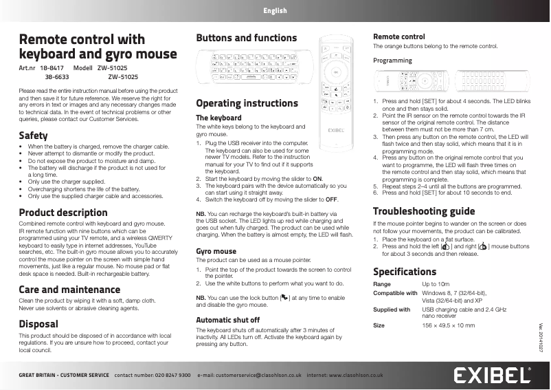 Page 1 de la notice Manuel utilisateur Exibel ZW-51025