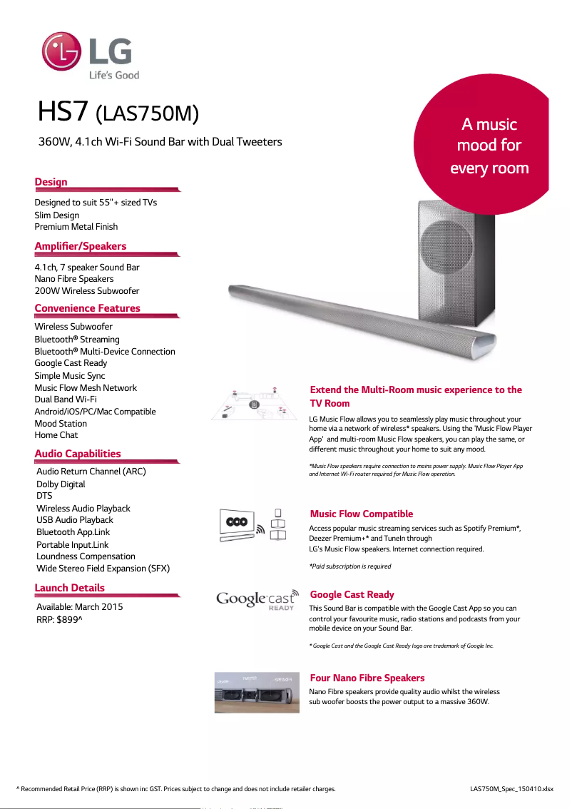 Page 1 de la notice Fiche technique LG LAS750M