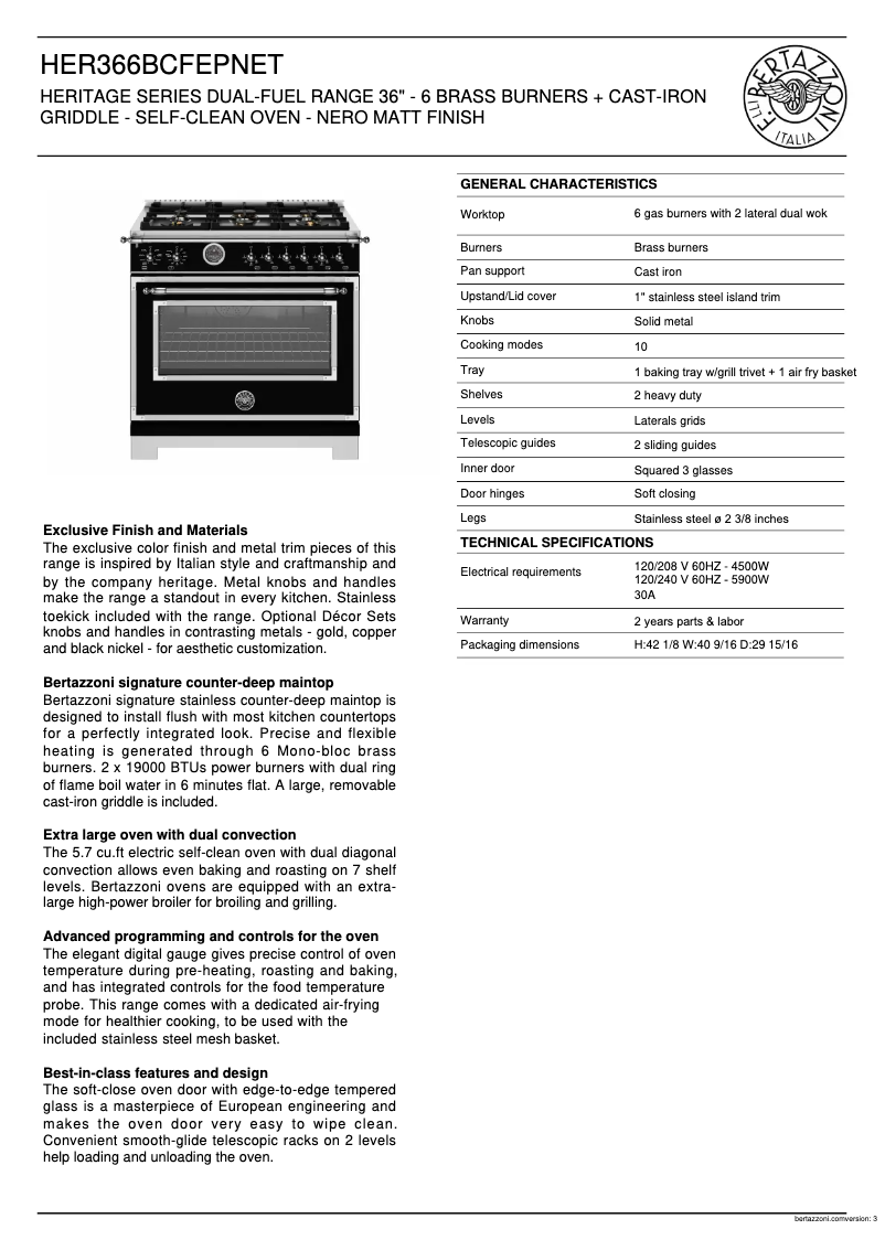 Page 1 de la notice Fiche technique Bertazzoni HER366BCFEPNET