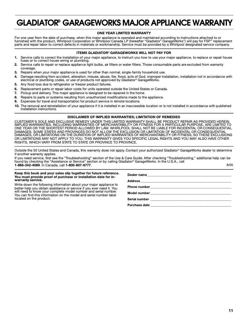 Página 1 del manual Información de garantía Gladiator GACP15XXMG