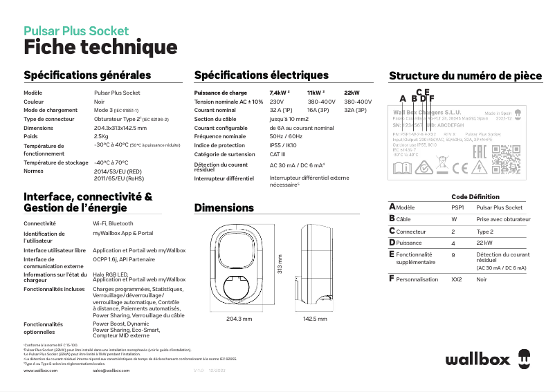Page 1 de la notice Fiche technique Wallbox Pulsar Plus Socket