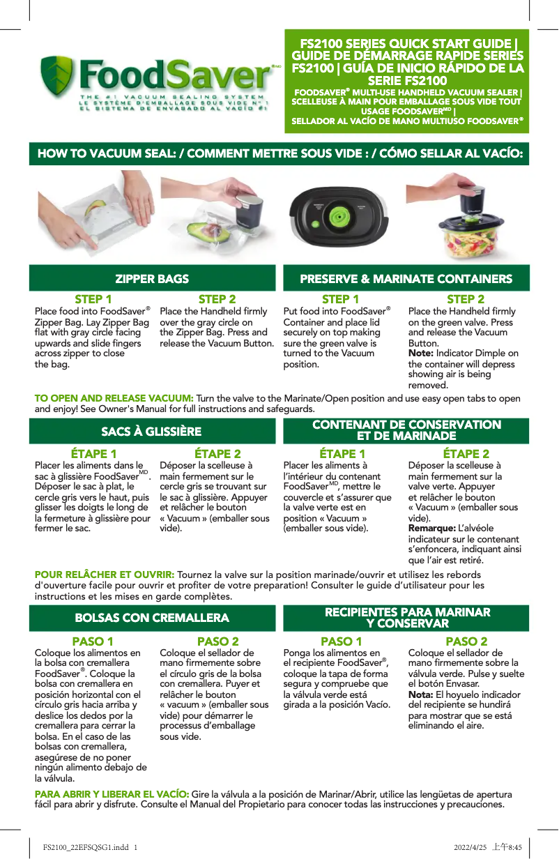 Page 1 de la notice Guide de démarrage rapide FoodSaver FS2160