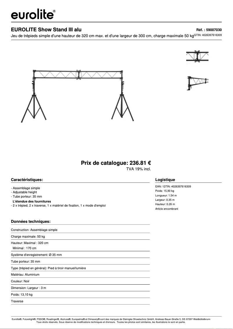 Page 1 de la notice Fiche technique Eurolite Show Stand III