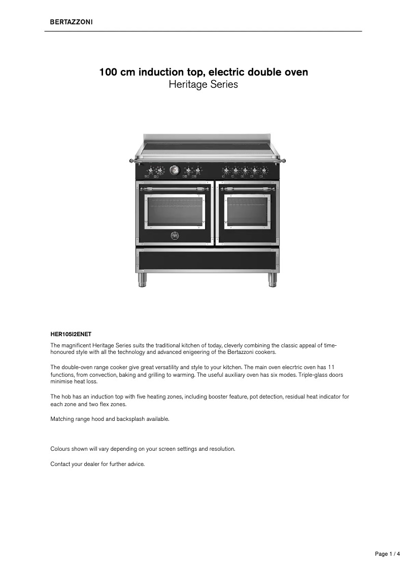 Page 1 de la notice Fiche technique Bertazzoni HER105I2ENET