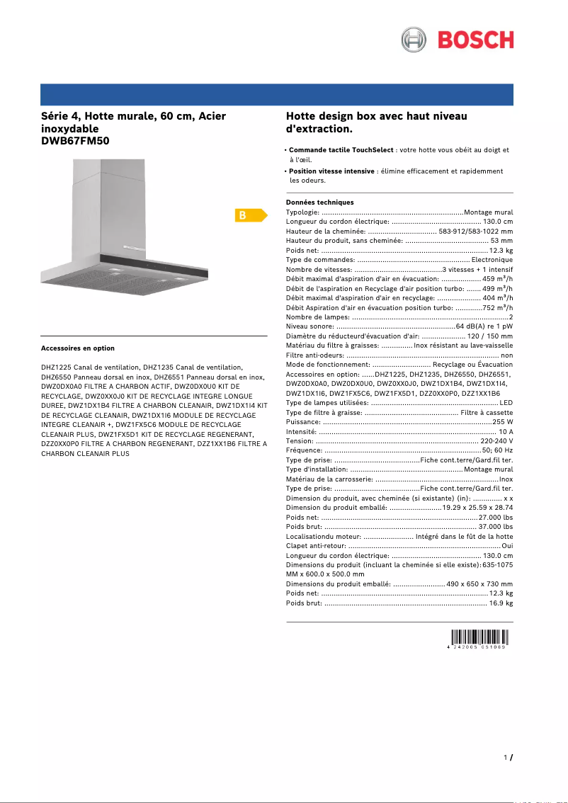 Page 1 de la notice Fiche technique Bosch DWB67FM50