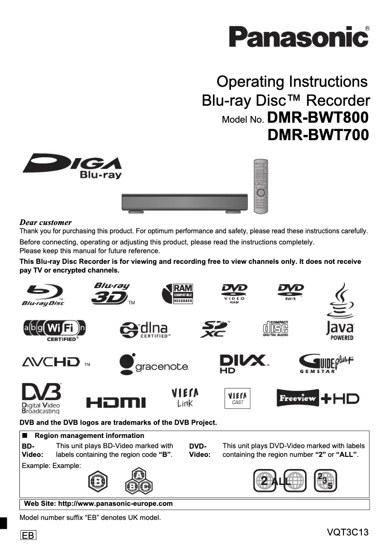 Page 1 de la notice Manuel utilisateur Panasonic DMR-BWT800