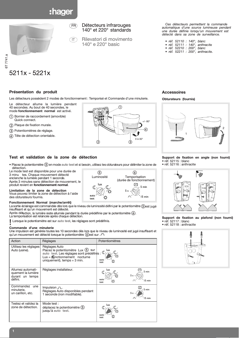 Page 1 de la notice Manuel utilisateur Hager 52210