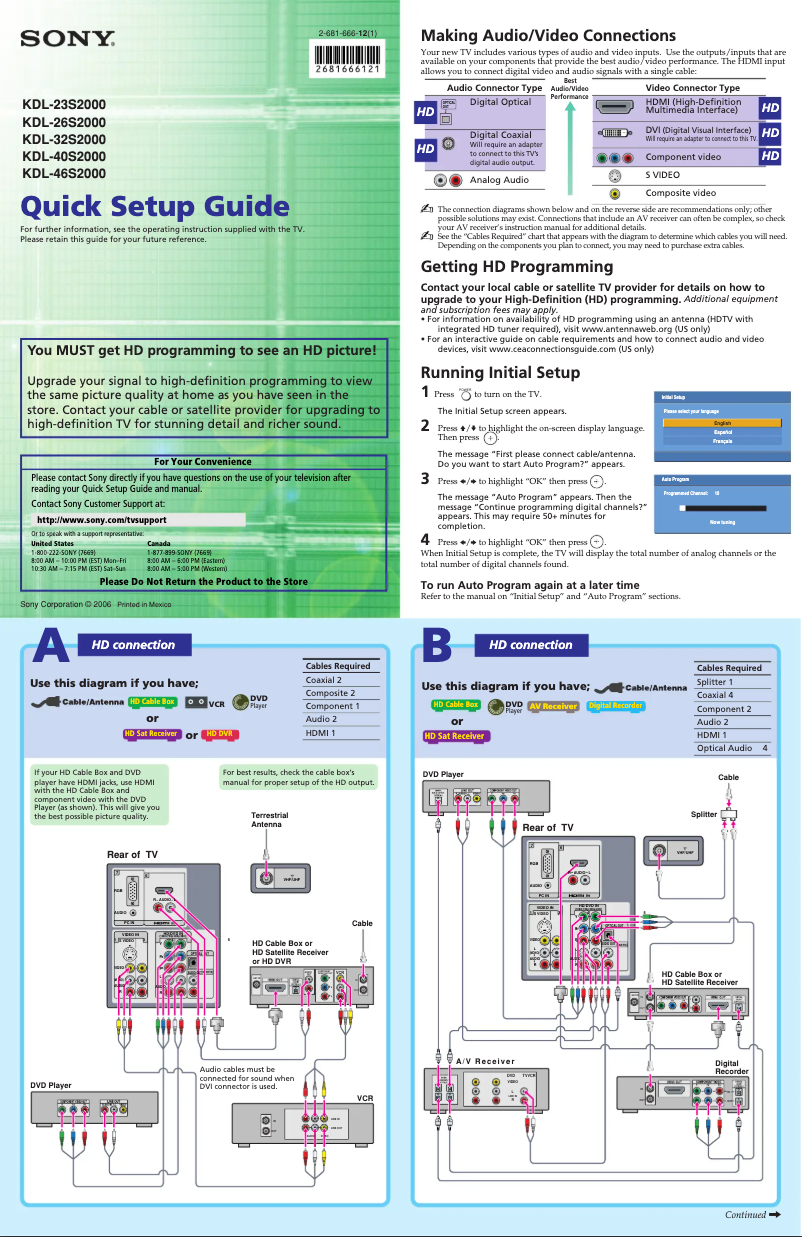 Page 1 de la notice Guide d'installation Sony KDL-46S2010