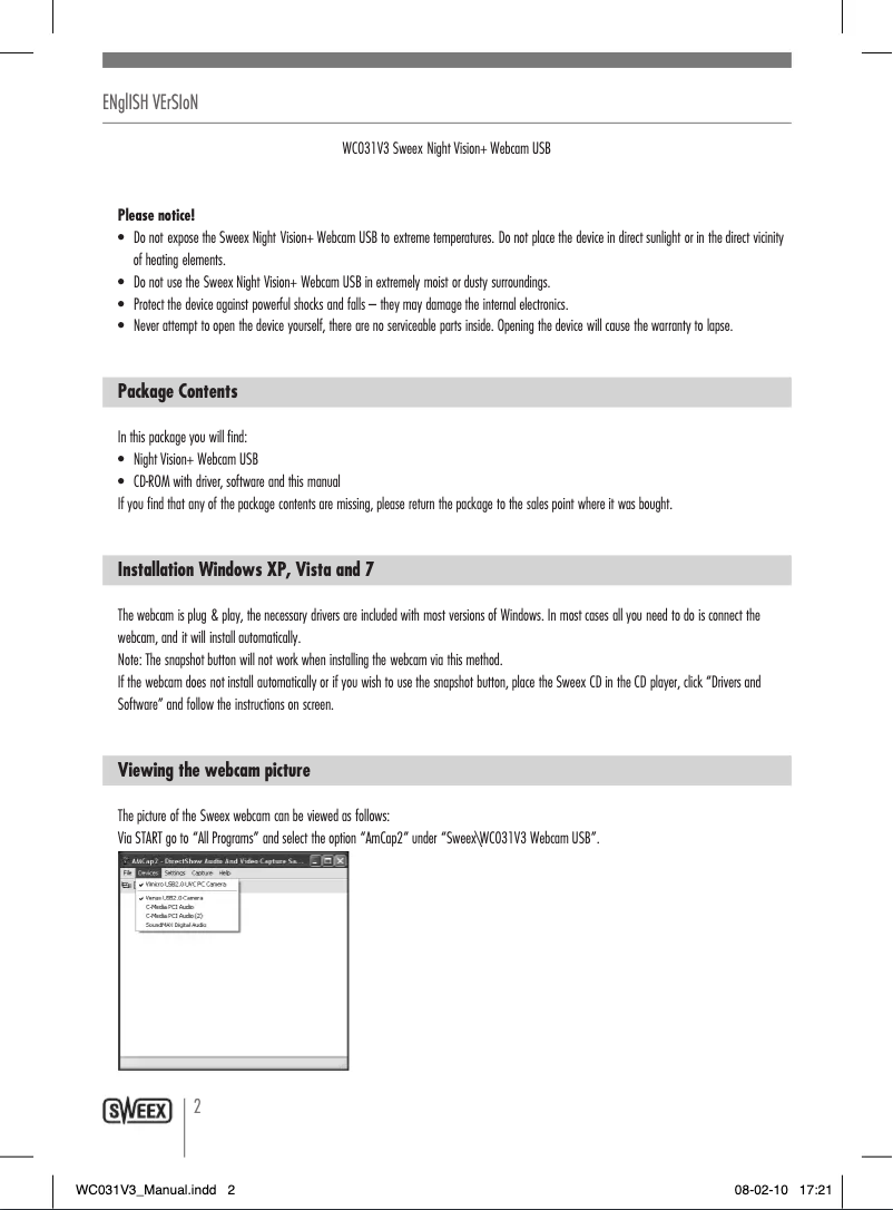Page 1 de la notice Manuel utilisateur Sweex WC031V3