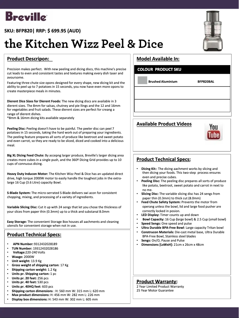 Page 1 de la notice Fiche technique Breville Kitchen Wizz Peel & Dice BFP820