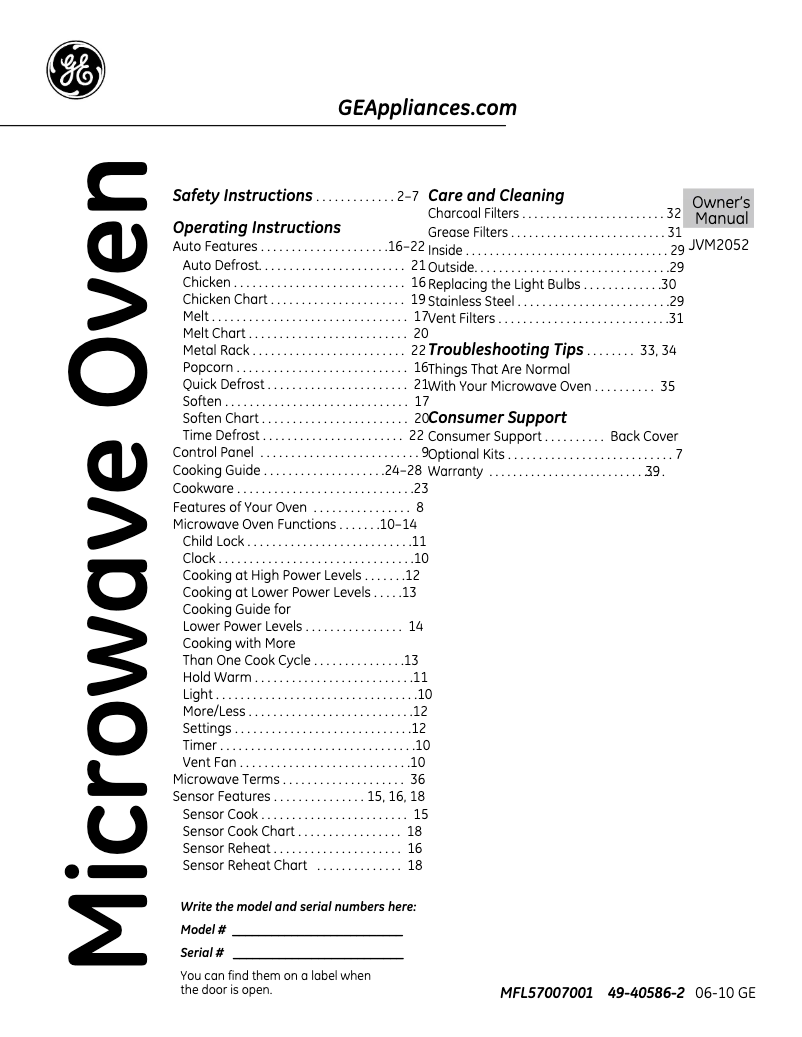 Página 1 del manual Manual de uso y mantenimiento GE Spacemaker JVM2052DNWW