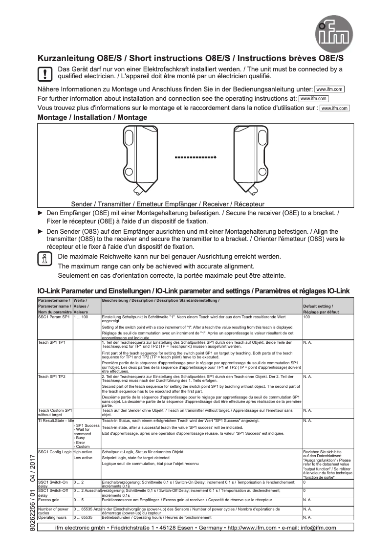Page 1 de la notice Manuel utilisateur IFM O8E203