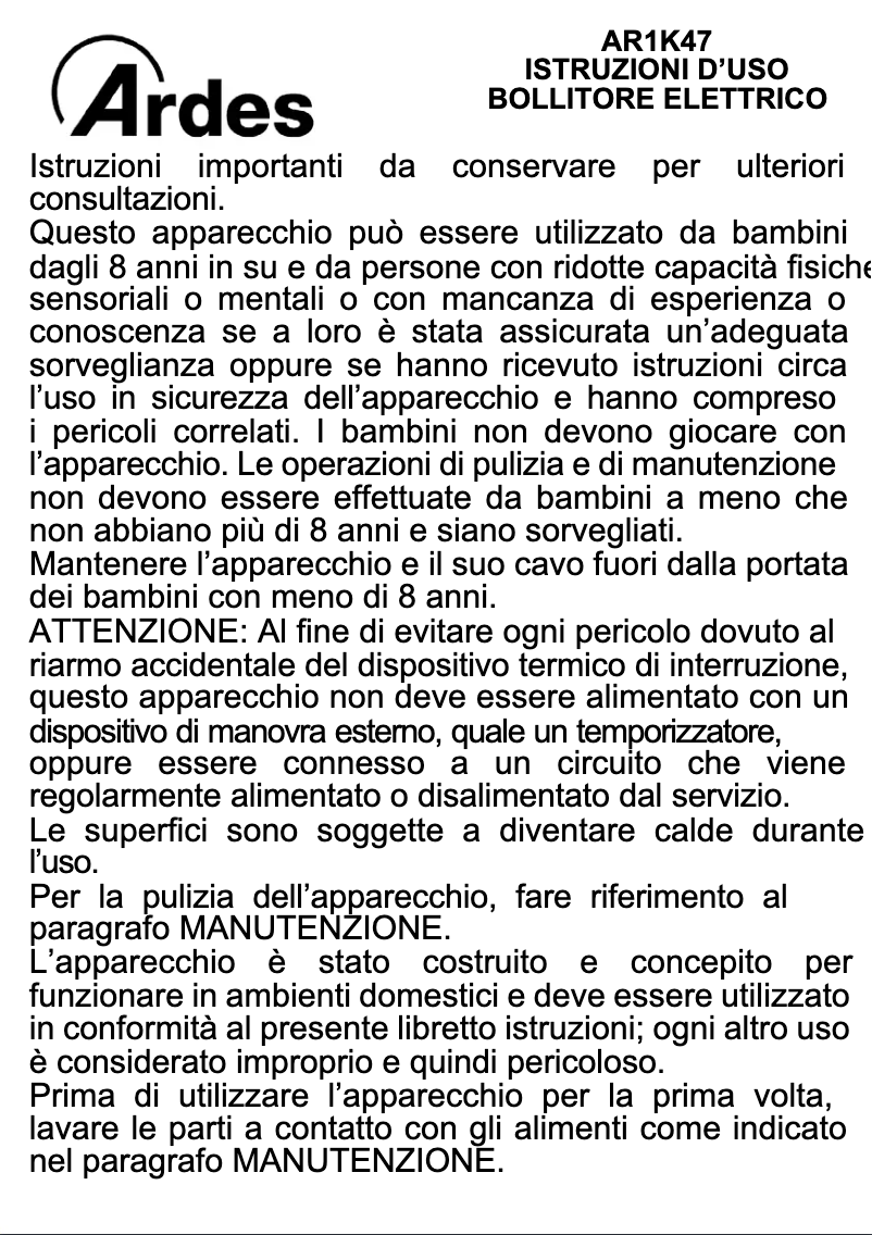 Page 1 de la notice Manuel utilisateur Ardes AR1K47