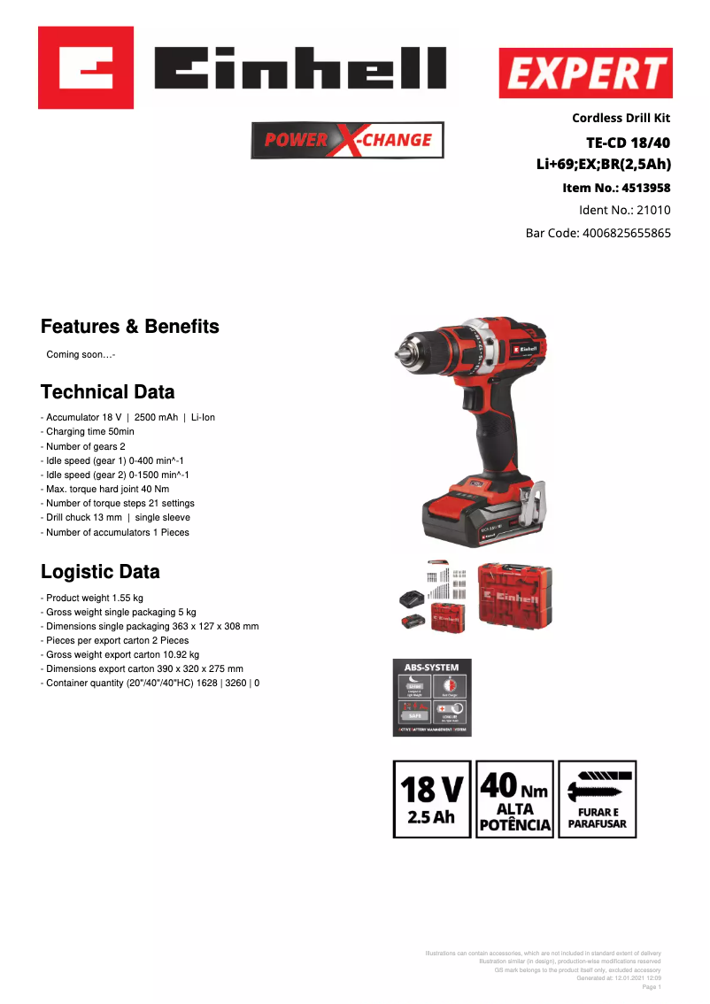 Page 1 de la notice Fiche technique Einhell TE-CD 18/40 Li + 69