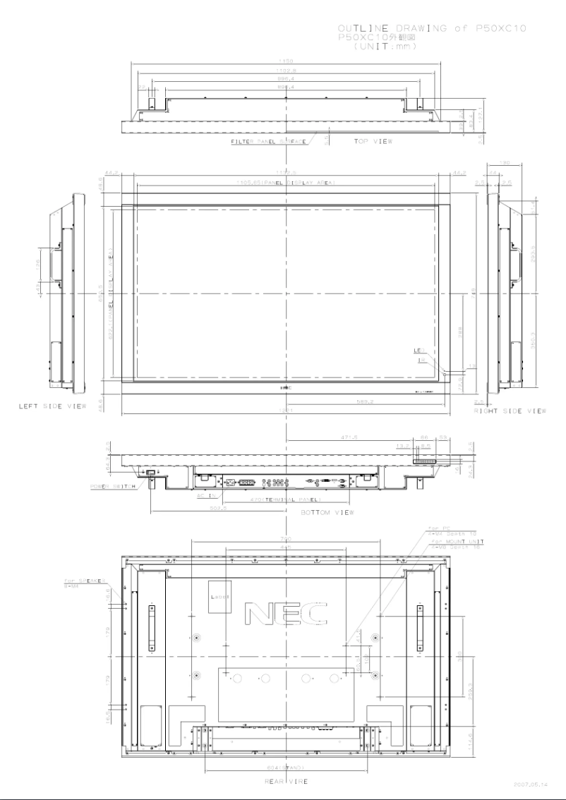 Page 1 de la notice Dessin technique NEC PlasmaSync 50XC10